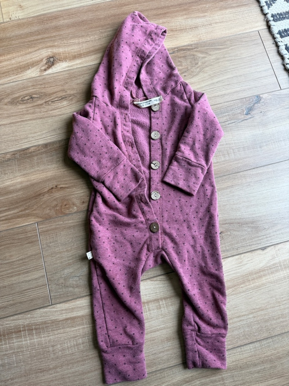 Hooded One-Piece Footie in Dusty Mauve with Dot Detail